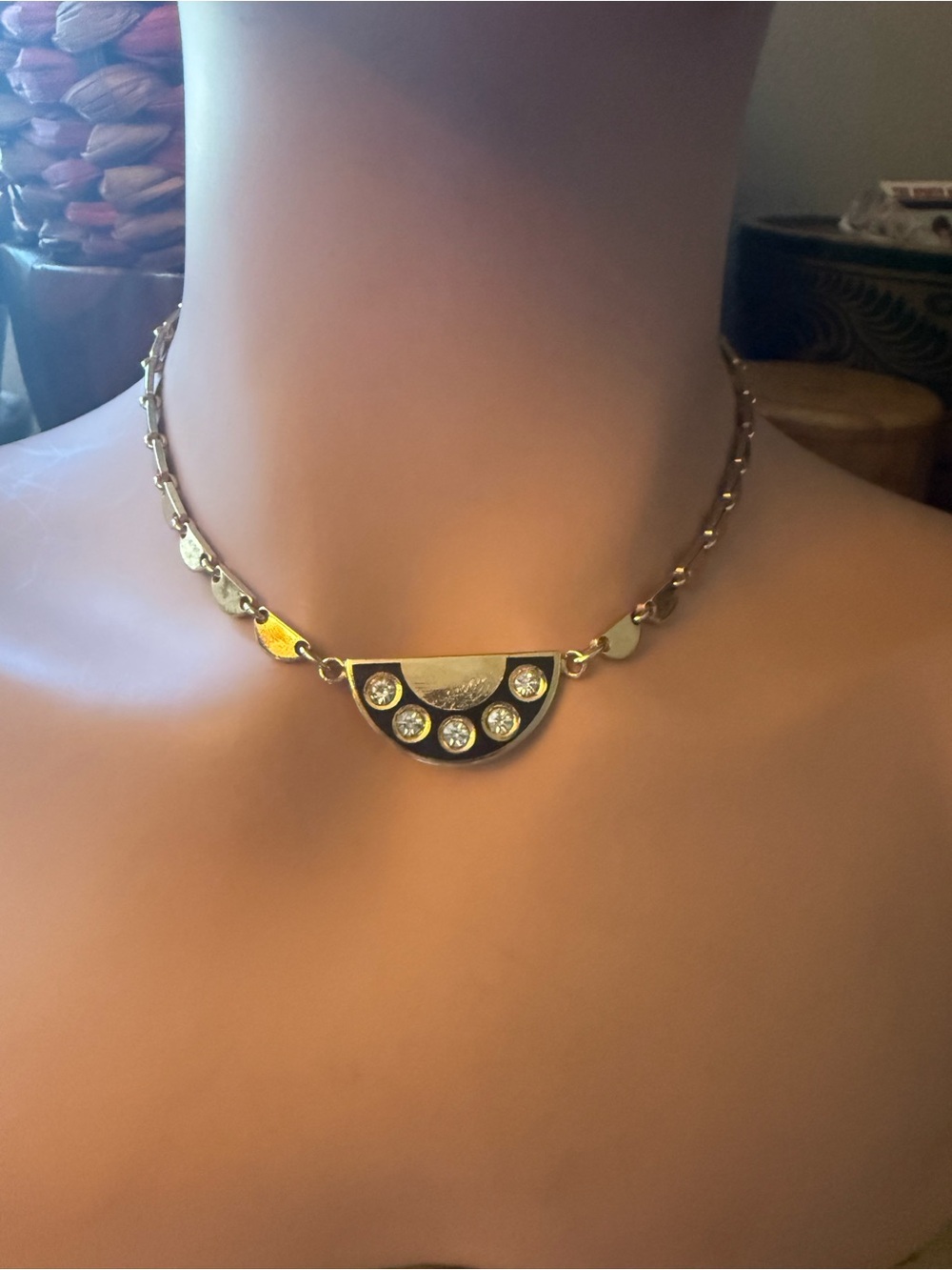 Vintage Italian Black Enamel & Rhinestone Geometric Half-Moon Necklace